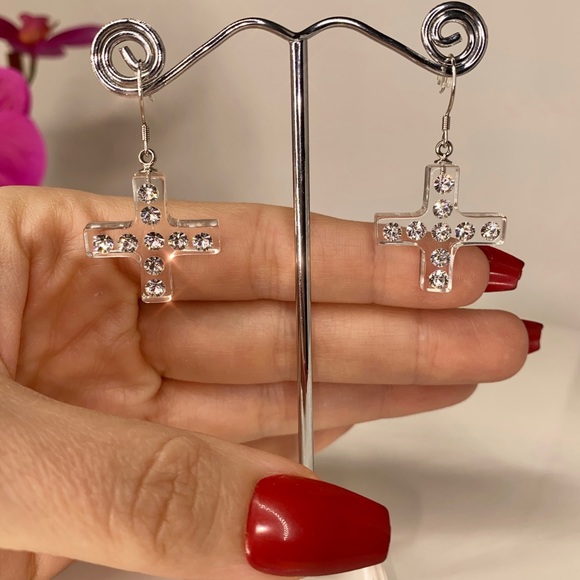 Women’s Lucite Cross Earrings Embellished With Swarovski Crystal Stones, New - Picture 4 of 9